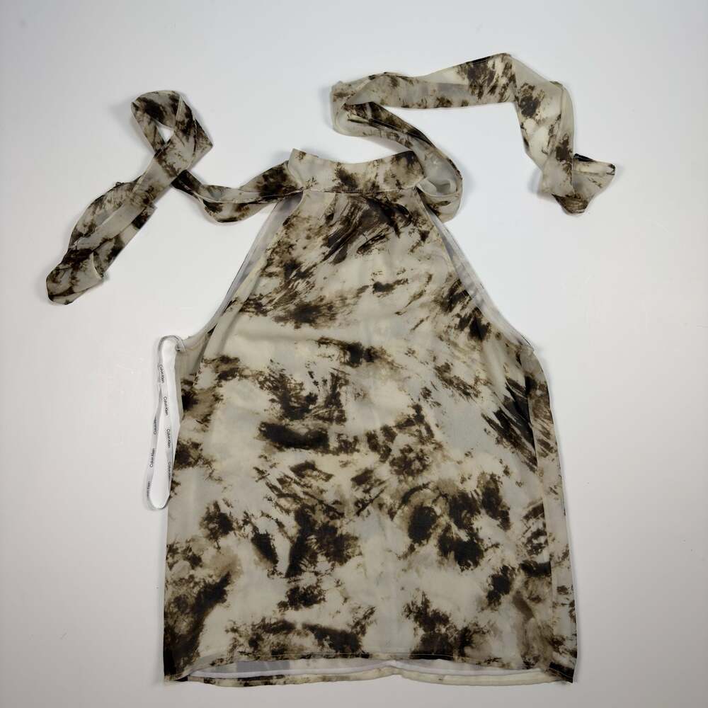 Calvin Klein Abstract Earth Tone Print Sleeveless Halter Neck Blouse with Tie